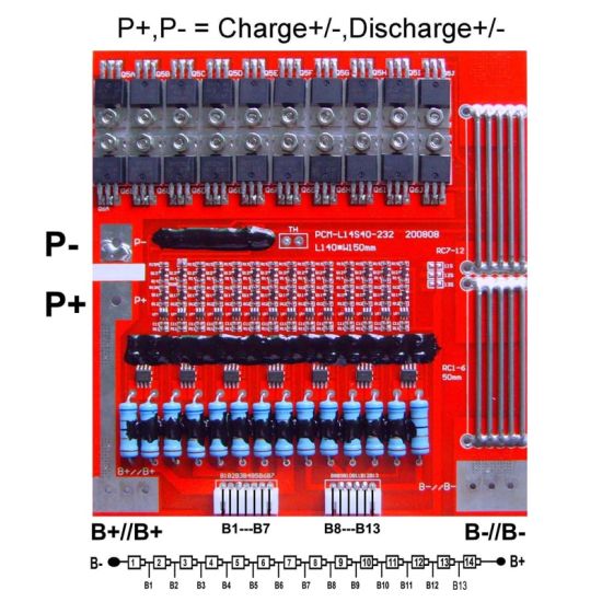 7S-14S 50A PCM BMS para 50.4V 51.8V Li-Ion / Litio / Li-Polymer 42V 44.8V LIFEPO4 Battery Pack Tamaño L140 * W150 * T9MM (PCM-L14S40-232)