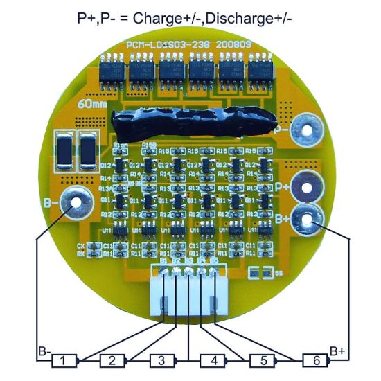 5S-6S 10A PCM Circular BMS para 21.6V 22.2V Li-Ion / Litio / Li-Polymer 18V 19.2V LIFEPO4 Tamaño del paquete de baterías φ 60mm (PCM-LI06S3-238)